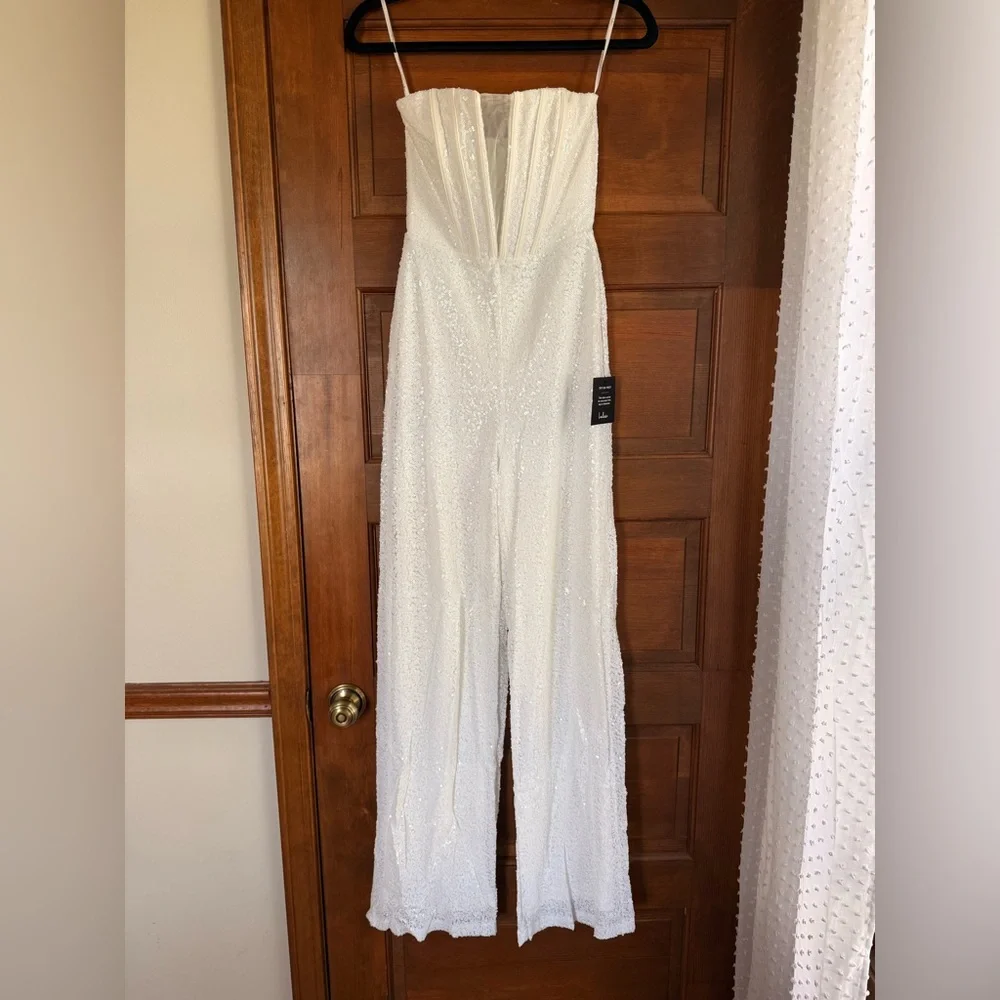 Lulus Glamorous Spirit White Sequin Strapless Bustier Jumpsuit - Picture 4 of 8